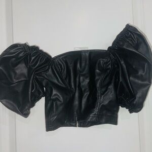 Divided Black Puff Sleeve Crop Top- Zipper Back! Stretchy!